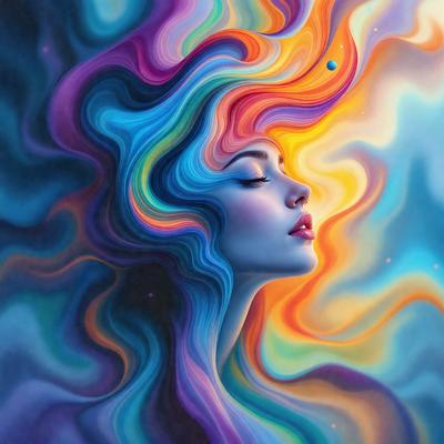 The primary subject of the image is a woman with long hair, who appears to be a character from a painting. She is surrounded by a vibrant and colorful background, which includes a mix of blue, purple, and orange hues. The visual style of the image is a combination of digital art and illustration, creating a unique and artistic representation of the woman. The overall atmosphere of the image is lively and captivating, with the woman's expression and the vivid colors contributing to the mood.